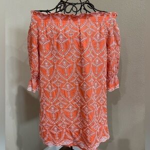 Women’s Orange Eyelet off the shoulder dress, EUC!